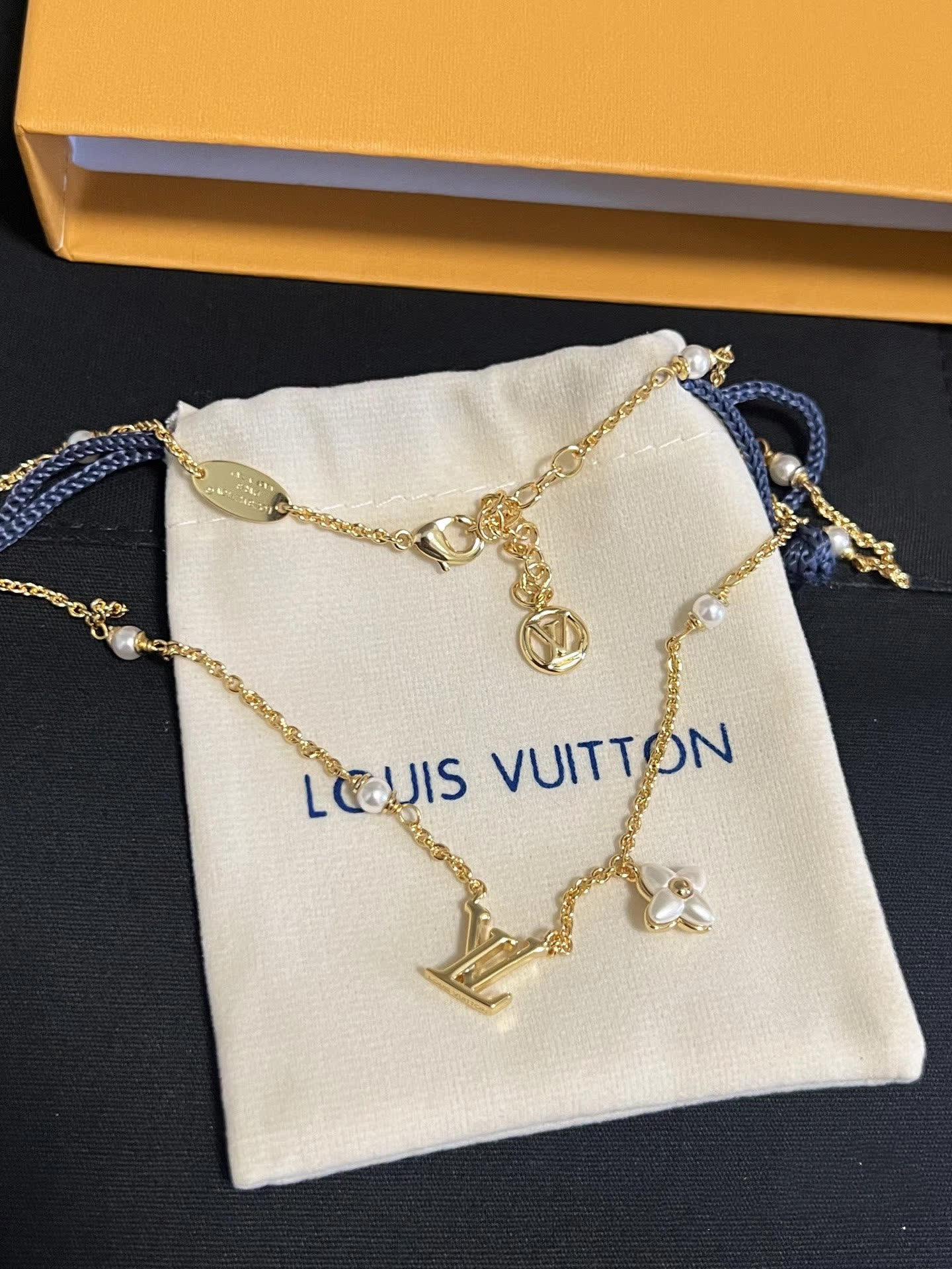 Louis Vuitton Earrings - Gold 'LV' Logo with Pearl Flower Design